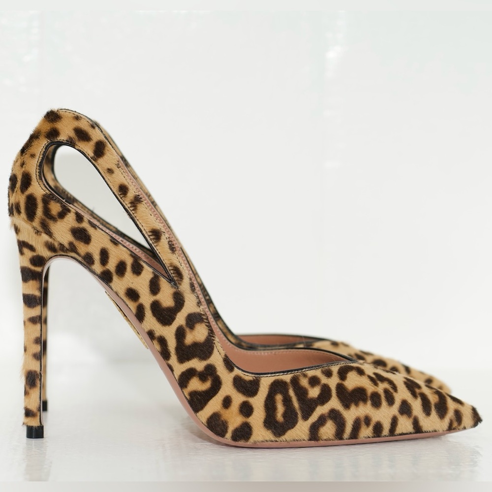 Aquazzura Sheeva Leopard Natural Pony Hair Print Cut-Out Heels 105mm Size 39 NEW - Picture 5 of 16